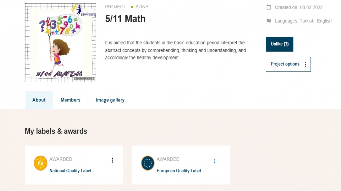 KURUCULUĞUNU FATMA DUMAN'IN YAPMIŞ OLDUĞU 5/11 MATH PROJEMİZ AVRUPA ETİKETİ İLE TAÇLANMIŞTIR.